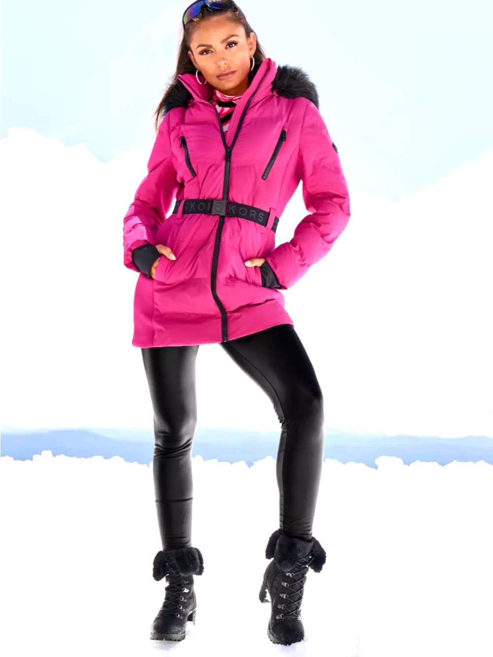 Michael Kors Hot Pink Puffer Jacket with Black Faux Fur Trim